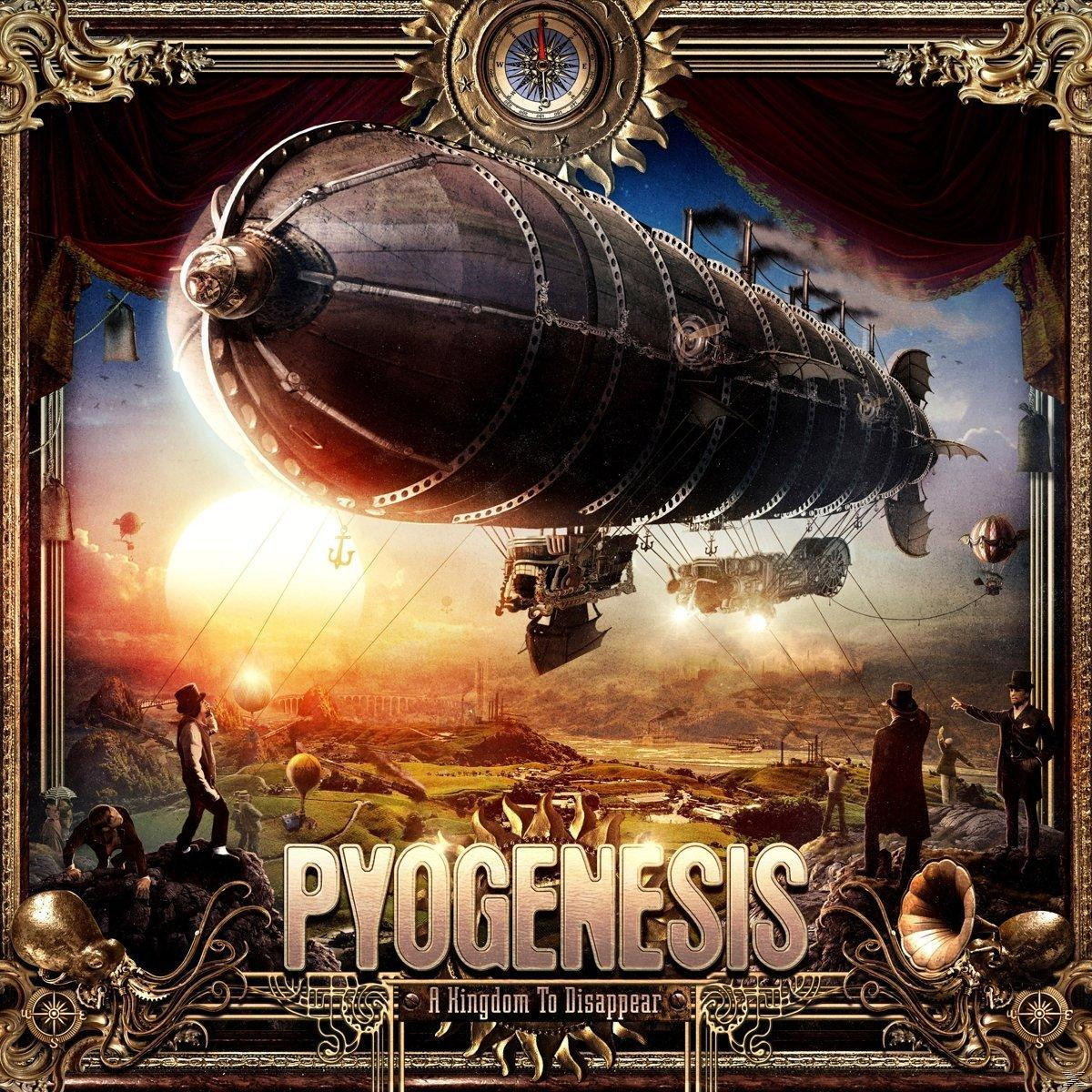 Steampunk-Zeppelin über einer Stadt, mit Menschen im Vordergrund. Albumcover-Kunst.