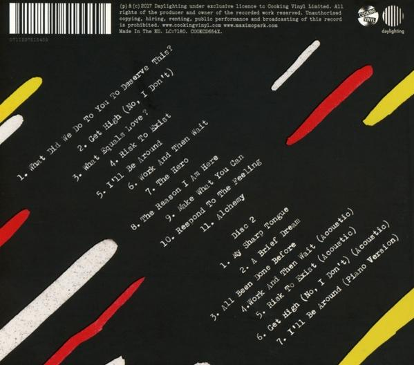 Schwarzes Albumcover mit Titelliste, weißen, roten und gelben schrägen Linien. Text enthält Songtitel und Copyright-Informationen.