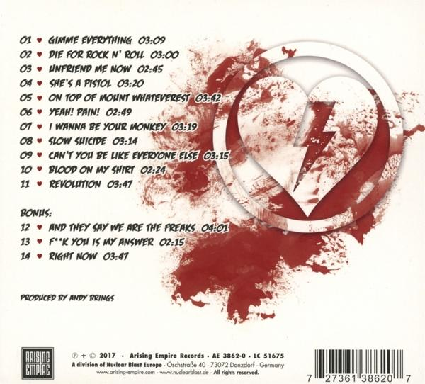Albumcover mit Trackliste. Roter Hintergrund mit gebrochenem Herzen und Blitz.