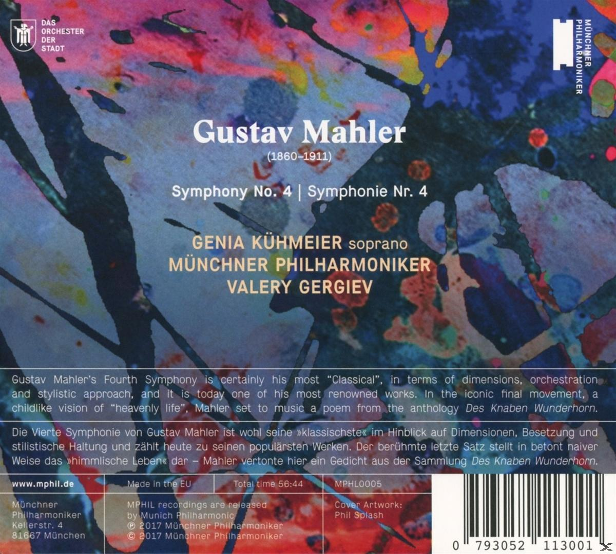 CD-Rückseite mit Text über Gustav Mahler. Das Cover hat ein farbenfrohes Gemälde.