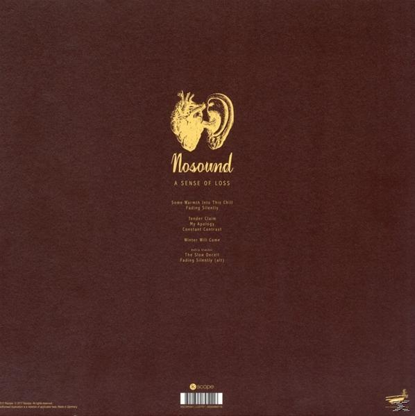 Albumcover. Brauner Hintergrund mit goldenem Herz-Ohr-Design und Songtiteln. Das Album heißt 'A Sense of Loss'.