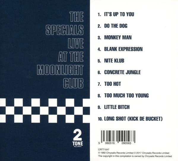 Rückseite der CD 'Live at the Moonlight Club' von The Specials. Weißer Hintergrund mit Titelliste und Bandnamen.