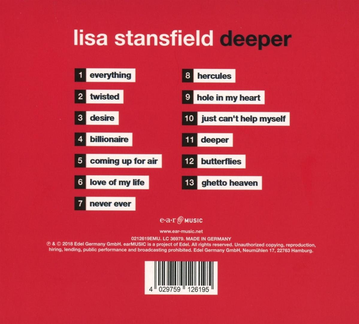 Albumhoes voor Lisa Stansfield's 'Deeper'. Rode achtergrond, tracklist links, naam artiest bovenaan.