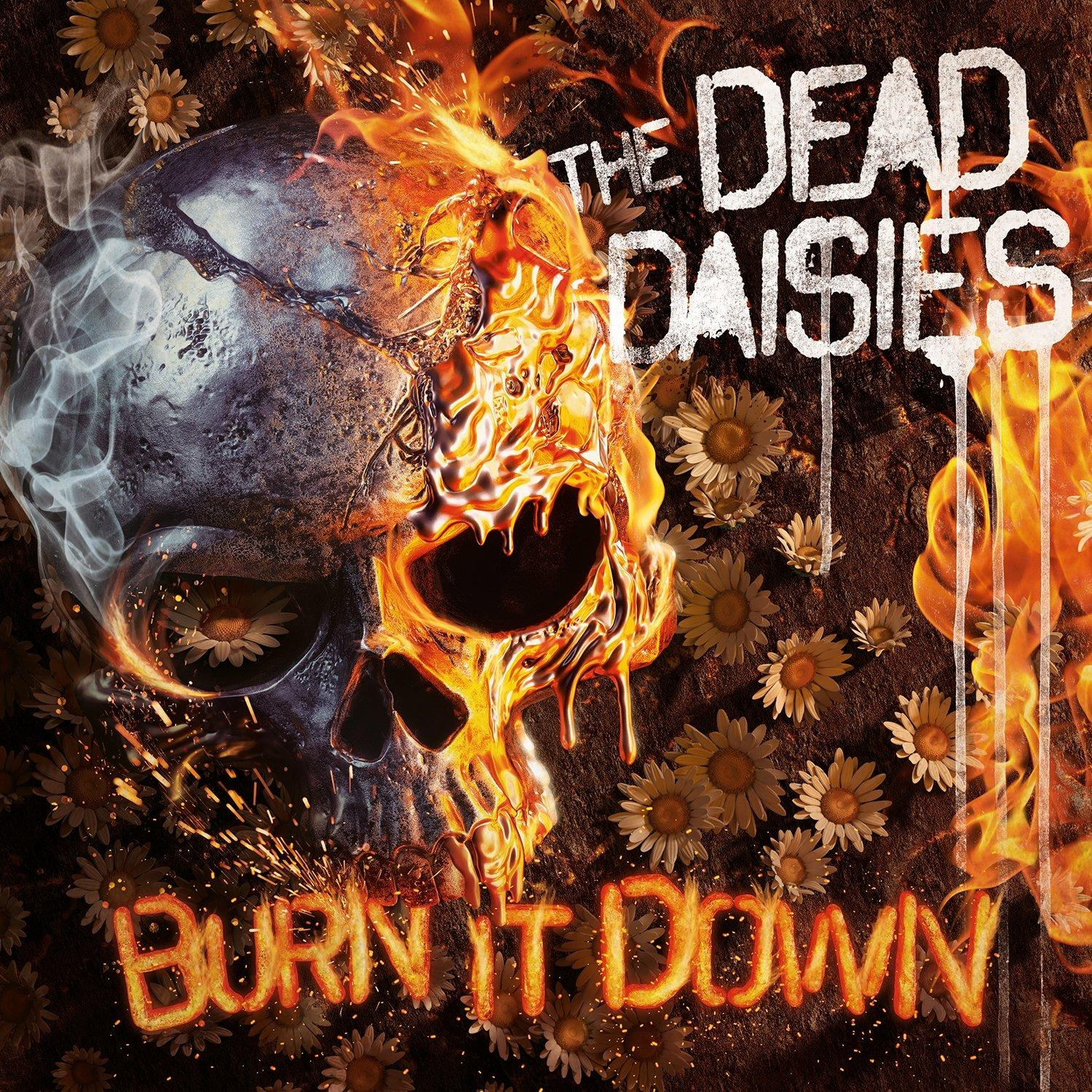 Albumcover: Schädel in Flammen. Text: 'The Dead Daisies Burn It Down'.