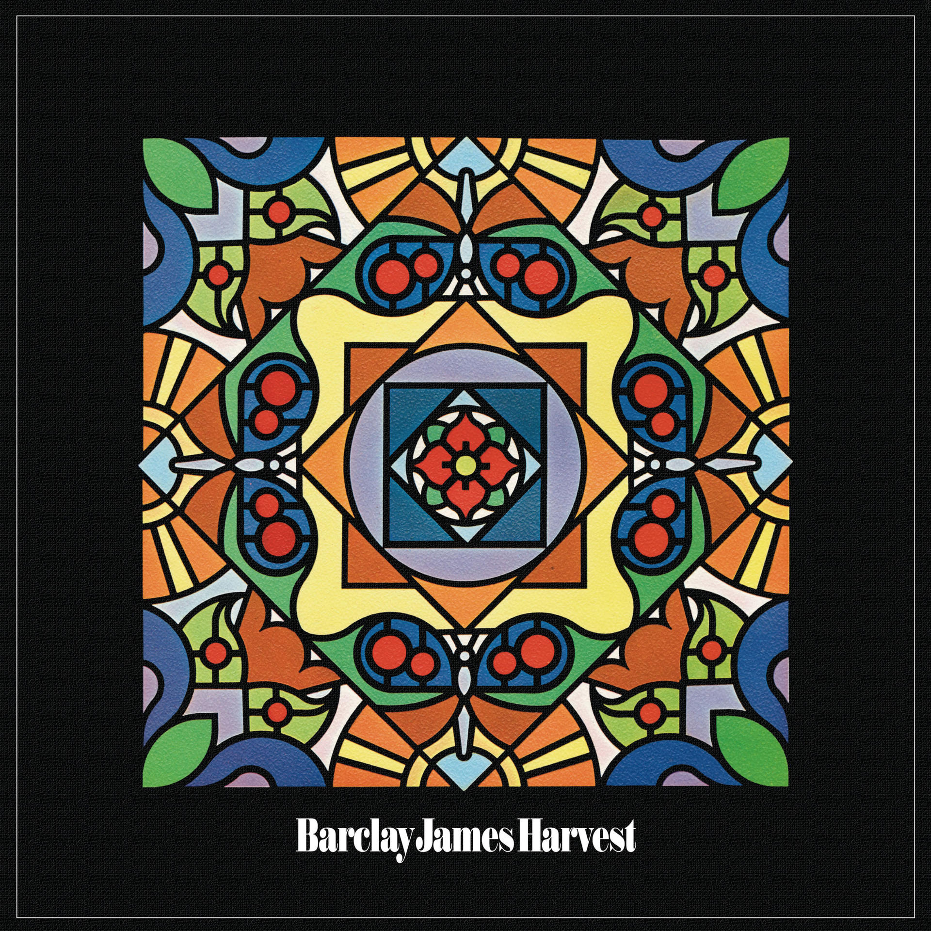 Buntes Buntglasdesign in einem quadratischen Muster, Barclay James Harvest.