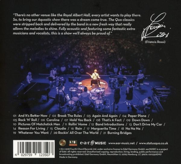 CD-Cover mit einer Bühnenszene. Listet Songs und Credits auf. Enthält ein Zitat von Francis Rossi.