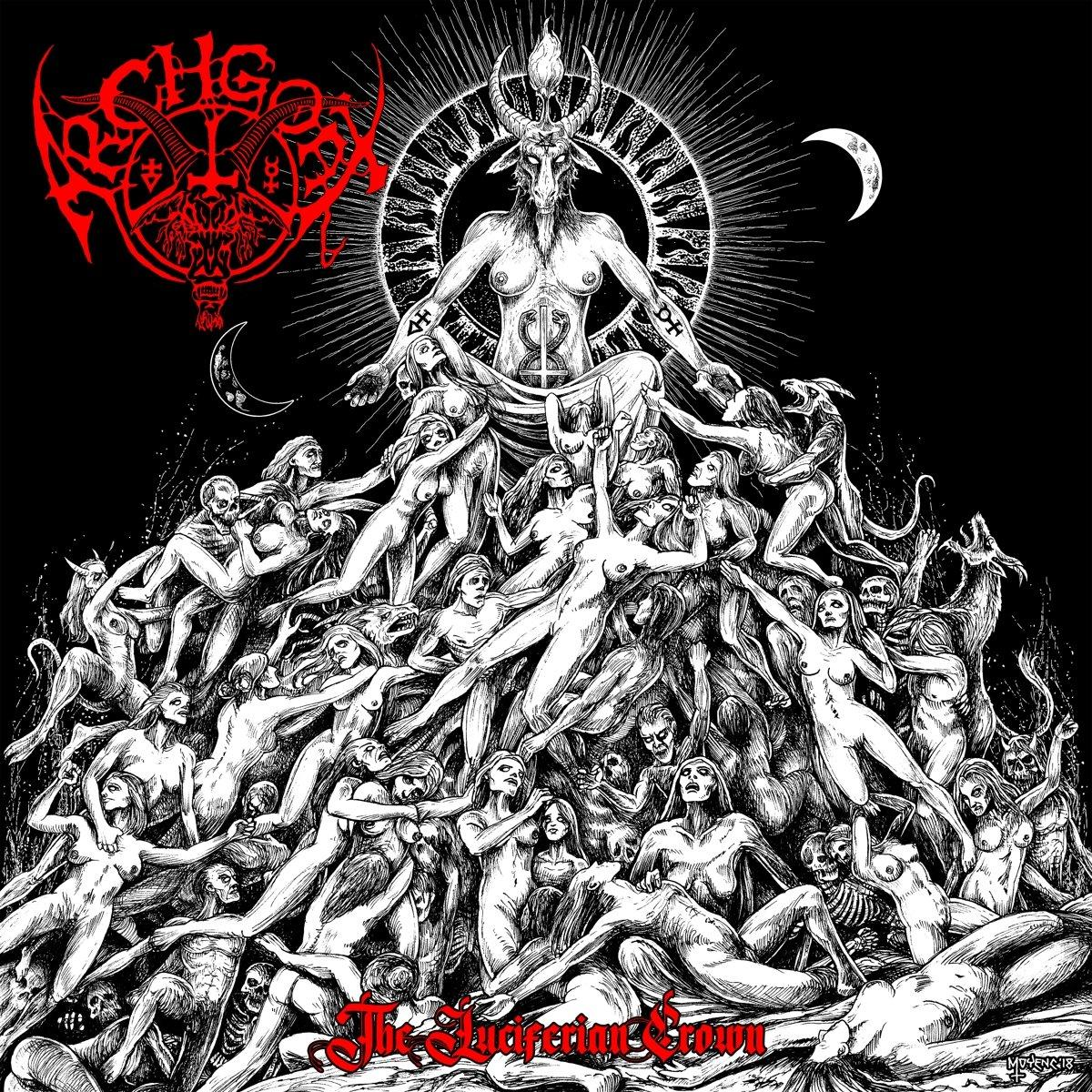 Albumcover mit nackten Figuren und einer gehörnten Figur. Die Band ist 'Sigh', Album 'The Luciferian Crown'.