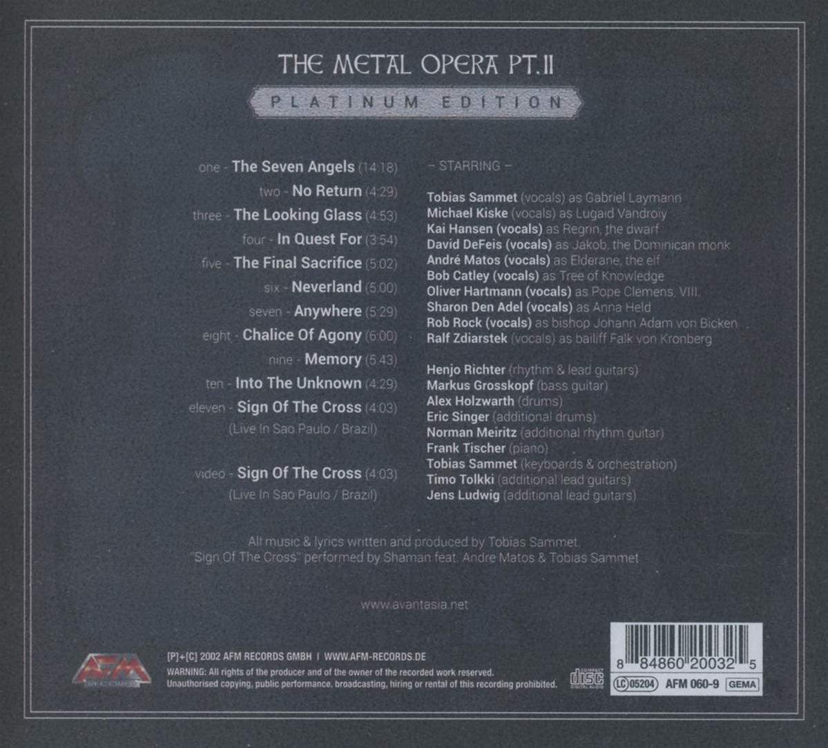 Albumcover mit einer Liste von Songs und Musikern für The Metal Opera Pt. II Platinum Edition.