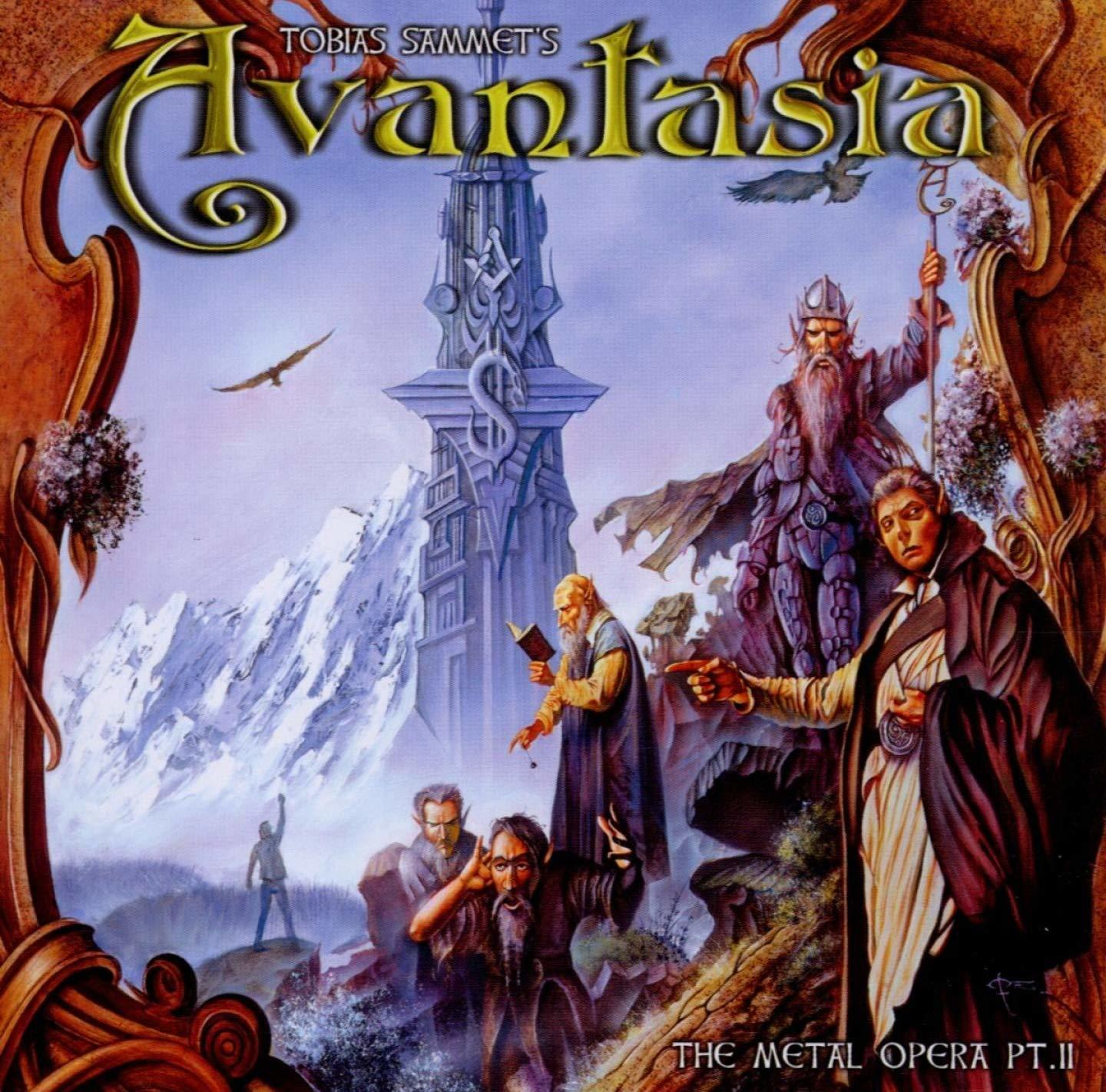 Albumcover mit Fantasy-Figuren, einem Turm und einem Berg-Hintergrund.