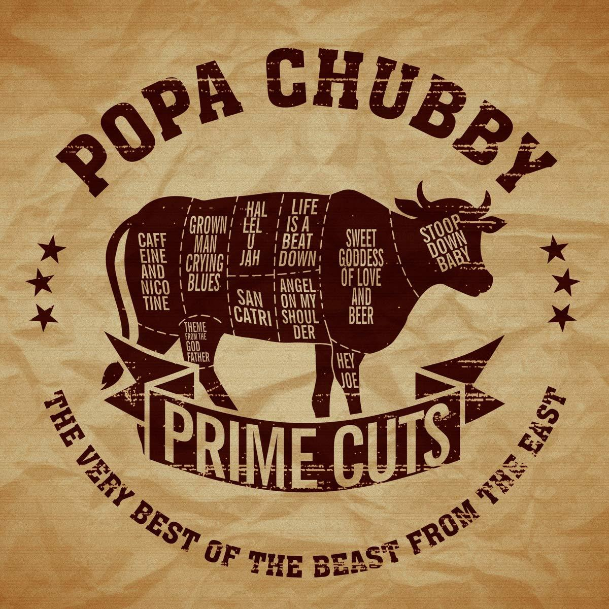 Poster mit einem Bullen, der Fleischstücke zeigt. Popa Chubby und Prime Cuts sind prominent.