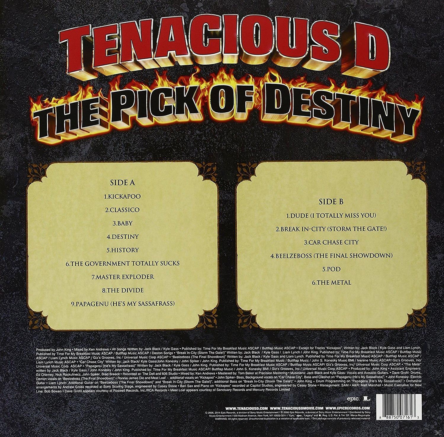 A Tenacious D 'The Pick of Destiny' című albumának borítója. Szöveg és számlista.