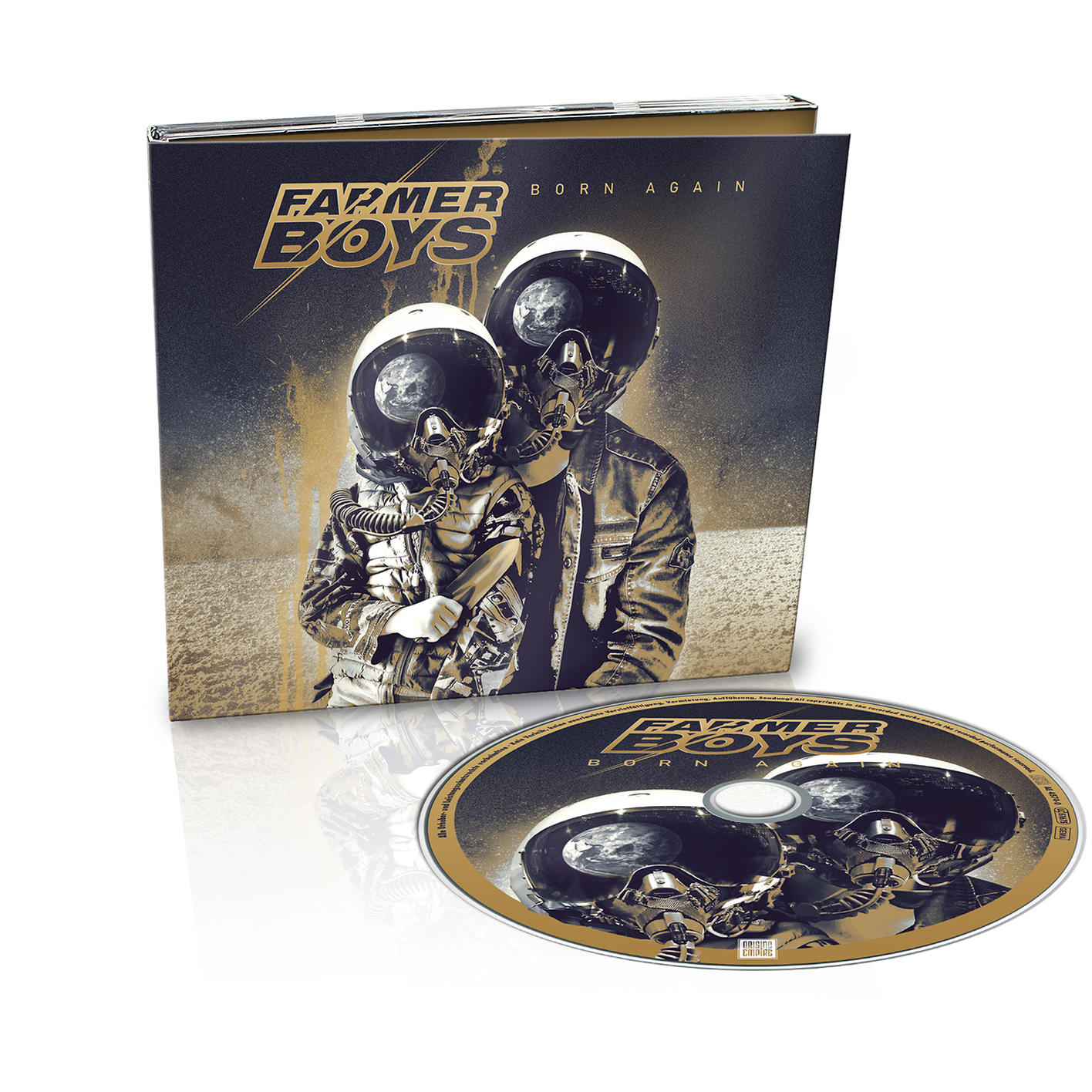 Albumcover mit zwei Figuren in Helmen. CD sichtbar. Gold- und Schwarz-Farbschema.