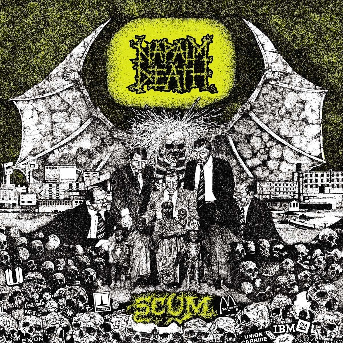 Albumcover mit einem Totenkopf und einer Gruppe von Menschen. Die Band ist Napalm Death, Album 'Scum'.