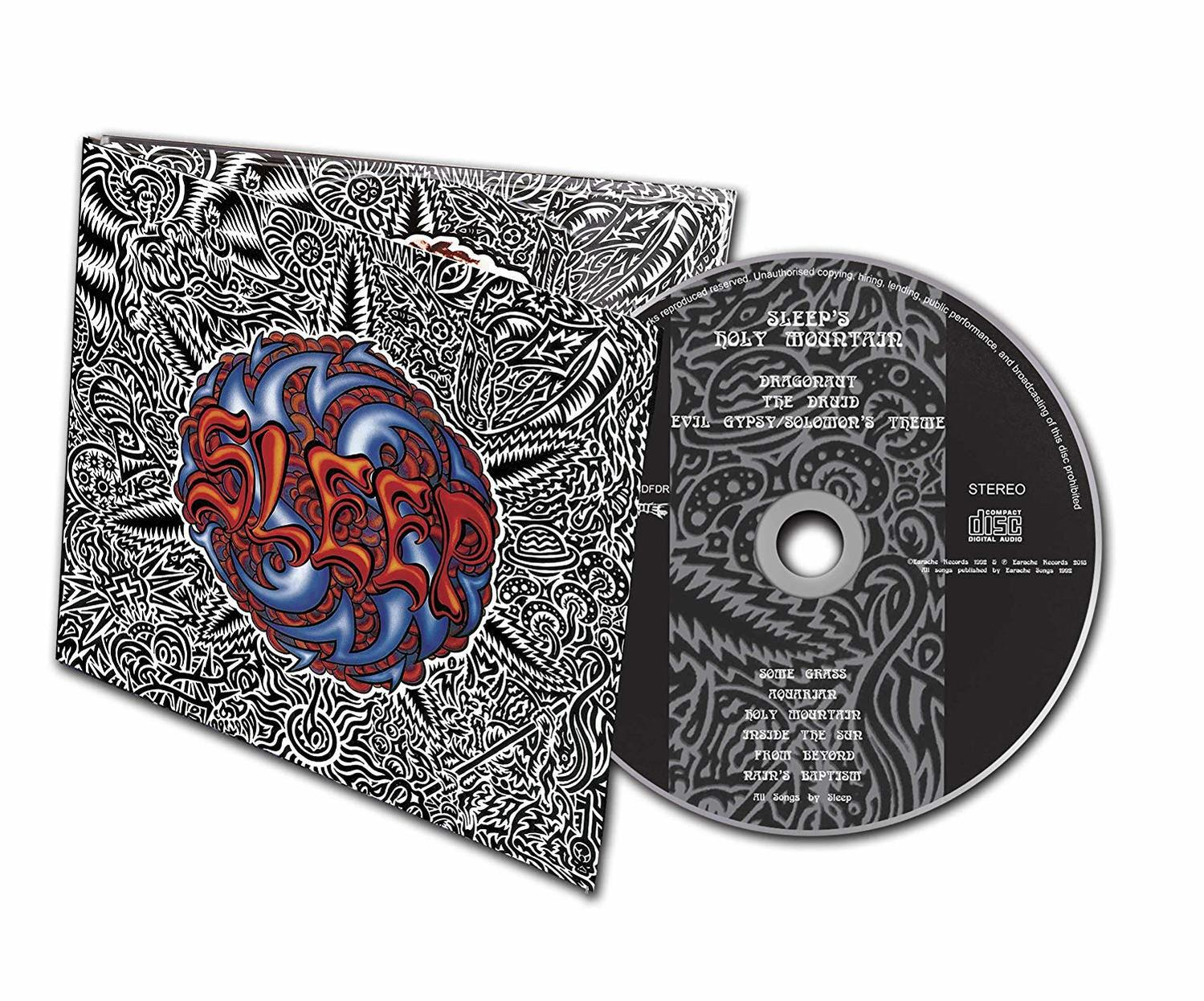 Albumcover und CD für Sleeps 'Holy Mountain'. Das Cover ist schwarz-weiß mit einer farbigen CD.
