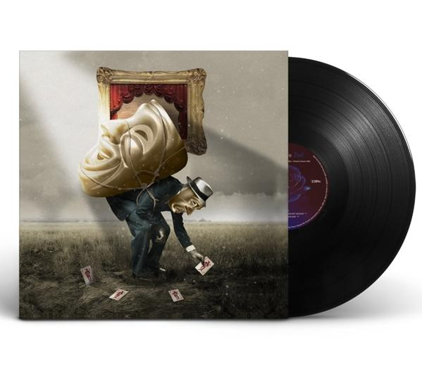Das Bild zeigt eine Vinyl-Schallplatte. Das Albumcover auf der linken Seite zeigt ein künstlerisches Bild.