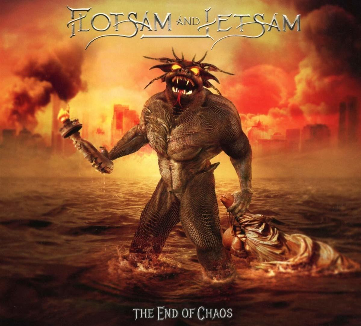 Albumcover. Monsterfigur mit Fackel und eine Frau im Wasser. Text: Flotsam and Jetsam, The End of Chaos.