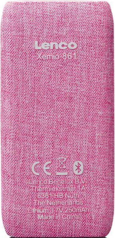 Pinkfarbener Lenco Xemi0-861 Lautsprecher. Es ist ein rosa Stoffmaterial mit dem Lenco-Logo und Text.