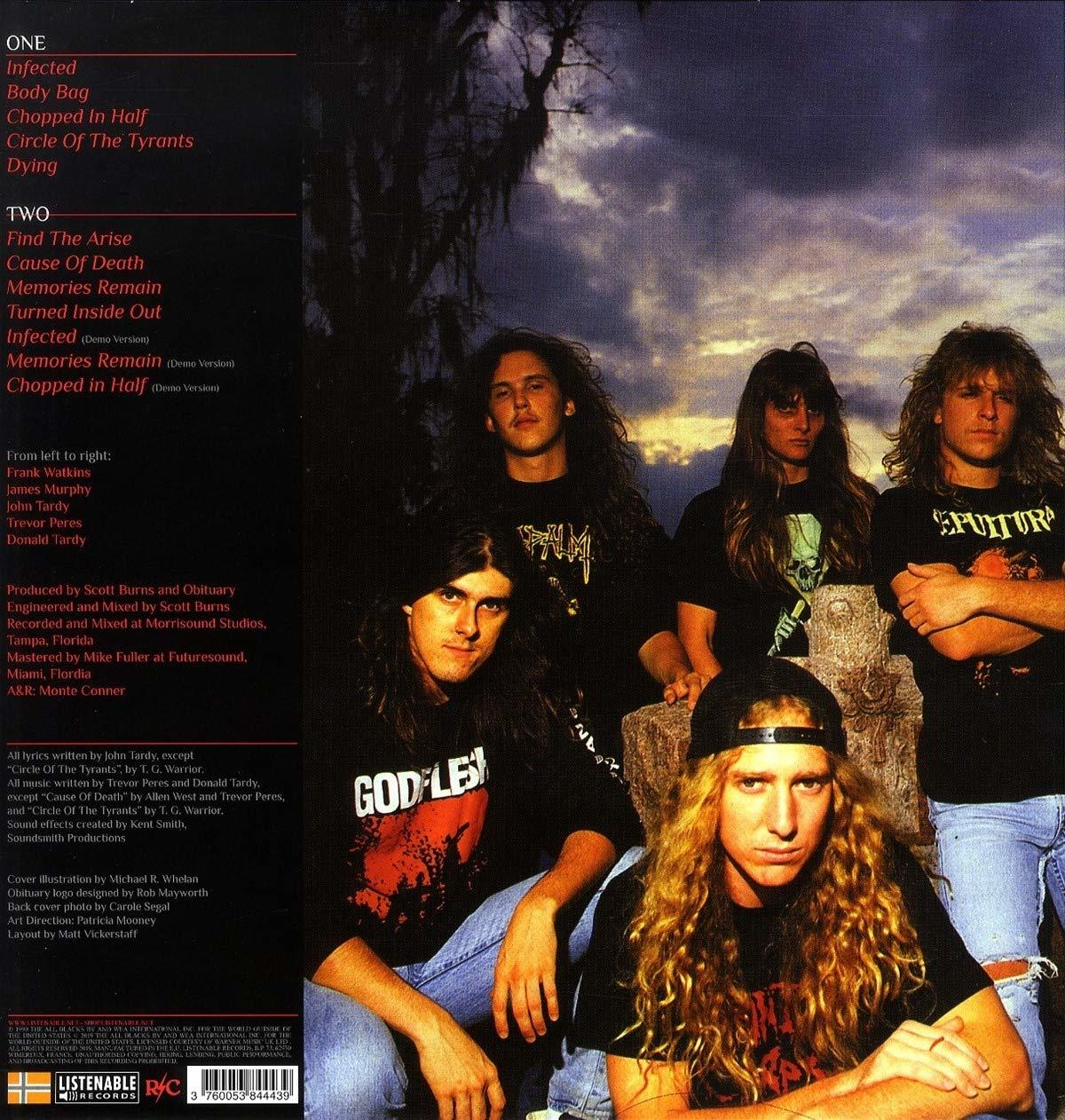 Albumcover mit Bandmitgliedern. Dunkler Hintergrund, Bandmitglieder mit langen Haaren.