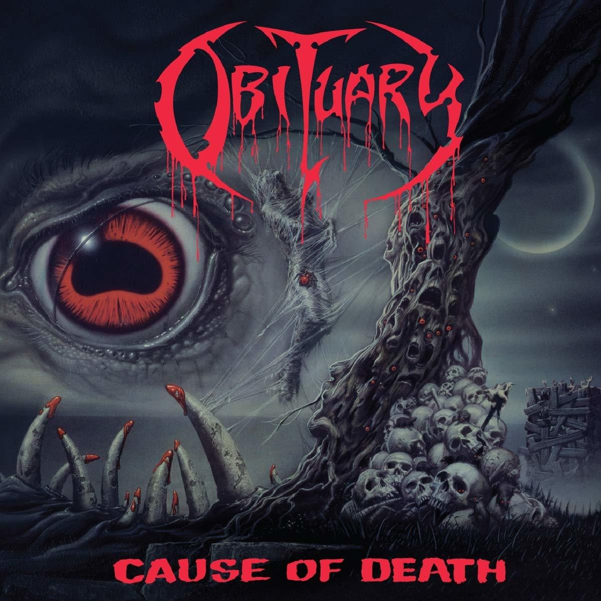Obituary-Albumcover: großes Auge, Schädel, Baum mit Horror-Thema und roter Text.