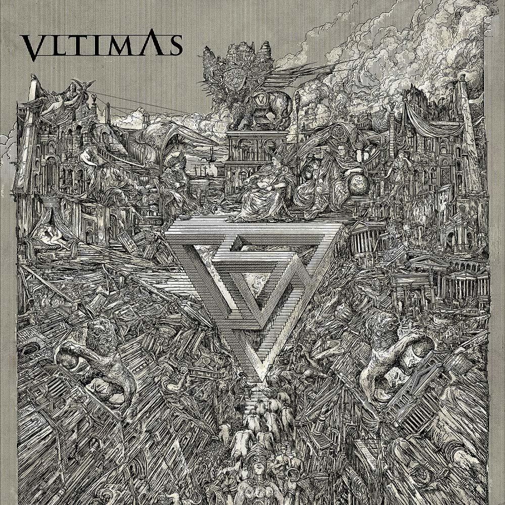 Albumcover, schwarz-weiß, detaillierte Illustration einer Stadt und einer geometrischen Form in der Mitte.