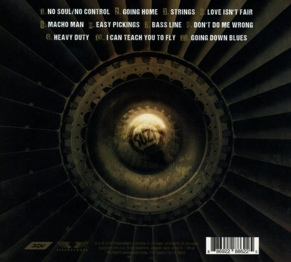 Albumcover, schwarz und silber, mit Turbinenbild und Textliste.