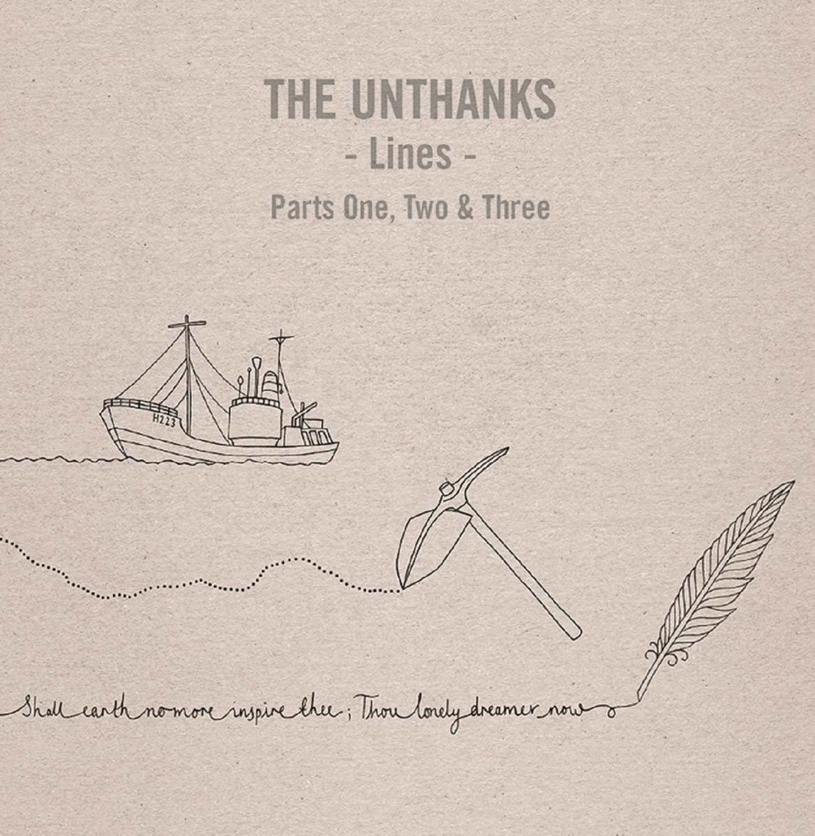 Einfache Zeichnung eines Bootes, einer Spitzhacke und einer Feder. Text: 'The Unthanks - Lines - Parts One, Two & Three'.