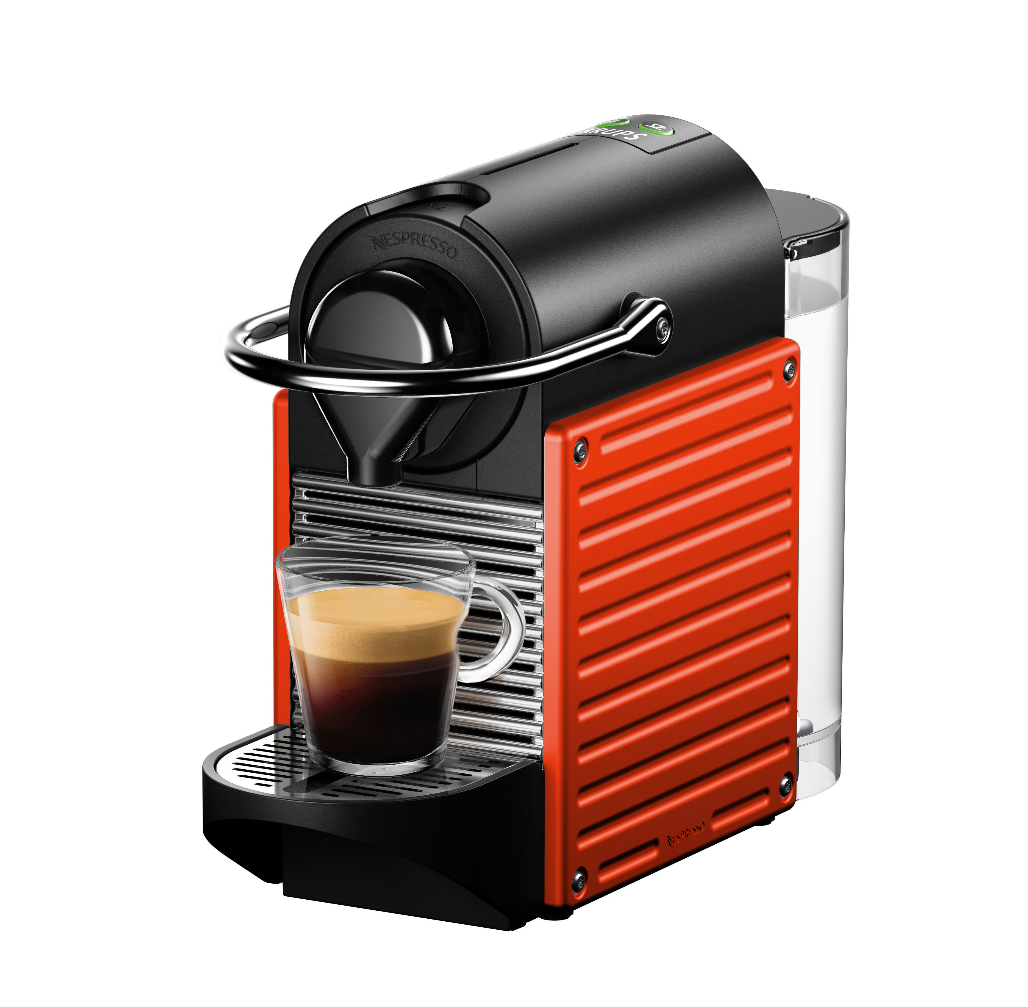 Rote und schwarze Nespresso-Kaffeemaschine mit einer Tasse Espresso.