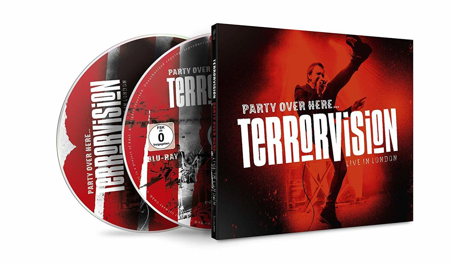 CD-Hülle mit zwei Discs. Text: Party Over Here, Terrorvision, Live in London. Ein Mann singt.