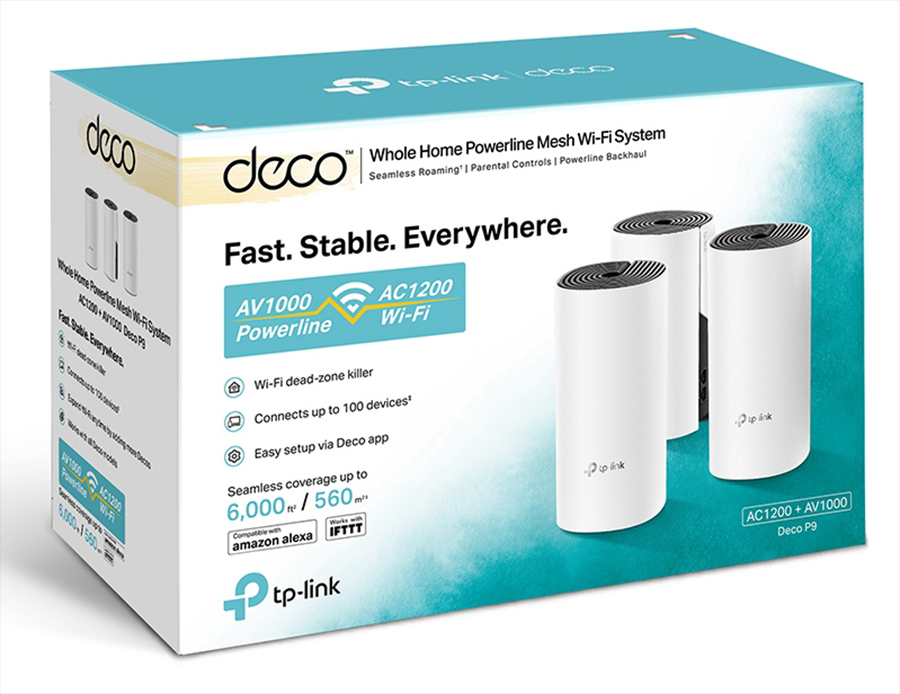 Box of a TP-Link Deco Whole Home Powerline Mesh Wi-Fi System.