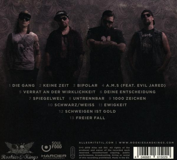 Vier Männer stehen, Albumcover mit Titelliste. Dunkler Hintergrund. Text auf Deutsch.