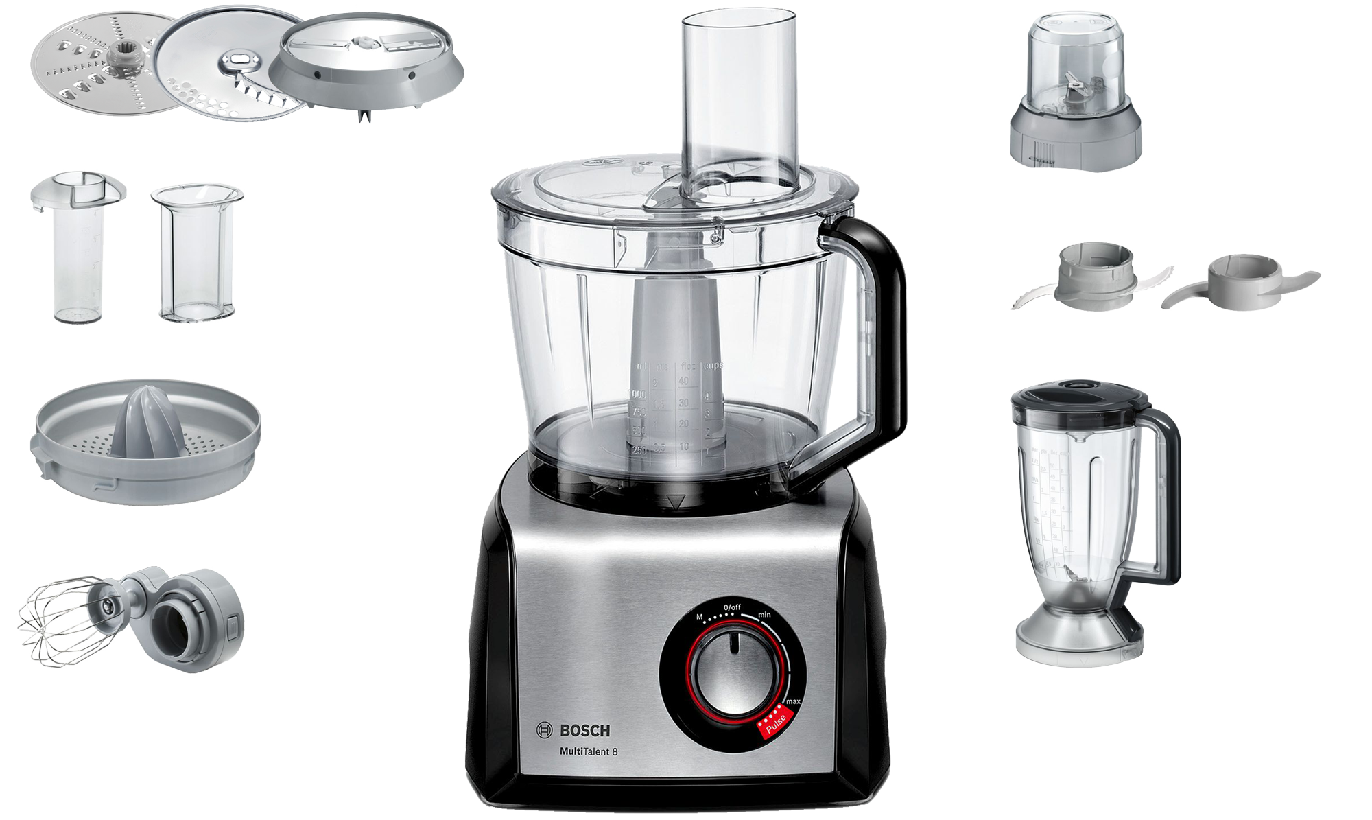 Robot culinaire et accessoires, comprenant des lames, un mixeur et un accessoire presse-agrumes. Diverses pièces.