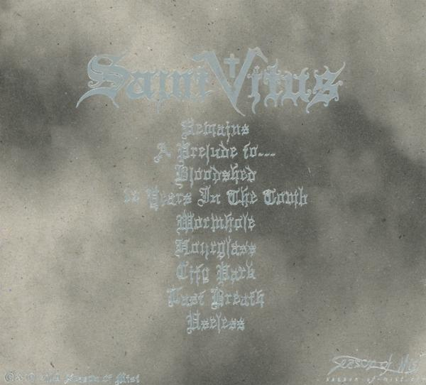 Albumcover für Saint Vitus, mit einer Liste der Songtitel in weißer Schrift auf grauem Hintergrund.