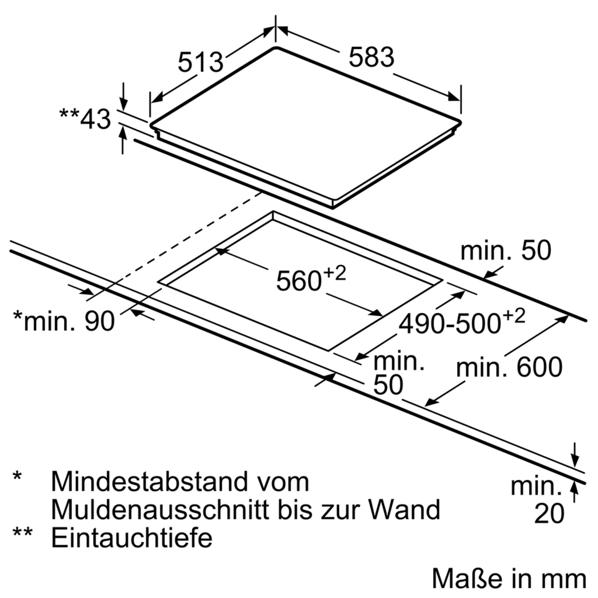 Un schéma d'une table de cuisson avec des mesures et des dimensions, avec du texte en allemand.
