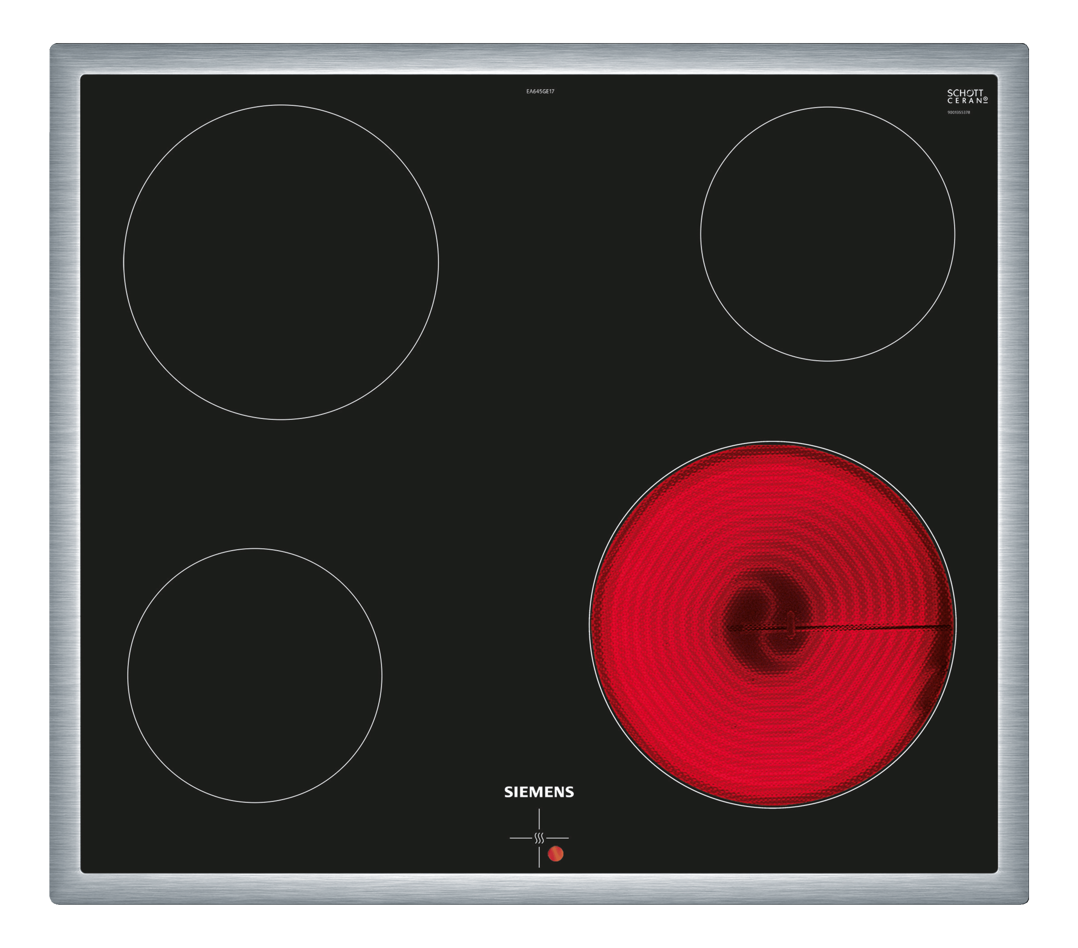 Table de cuisson électrique noire avec quatre cercles, un cercle rouge et chaud, cadre argenté et logo Siemens.