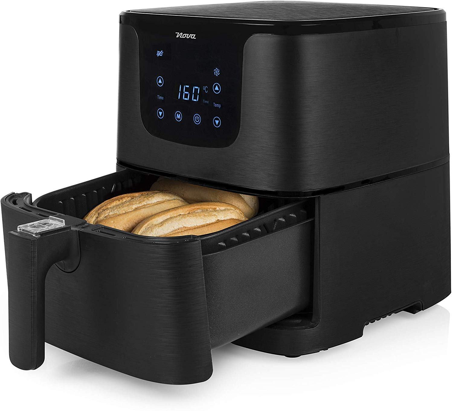 A black air fryer with a digital display and food inside.