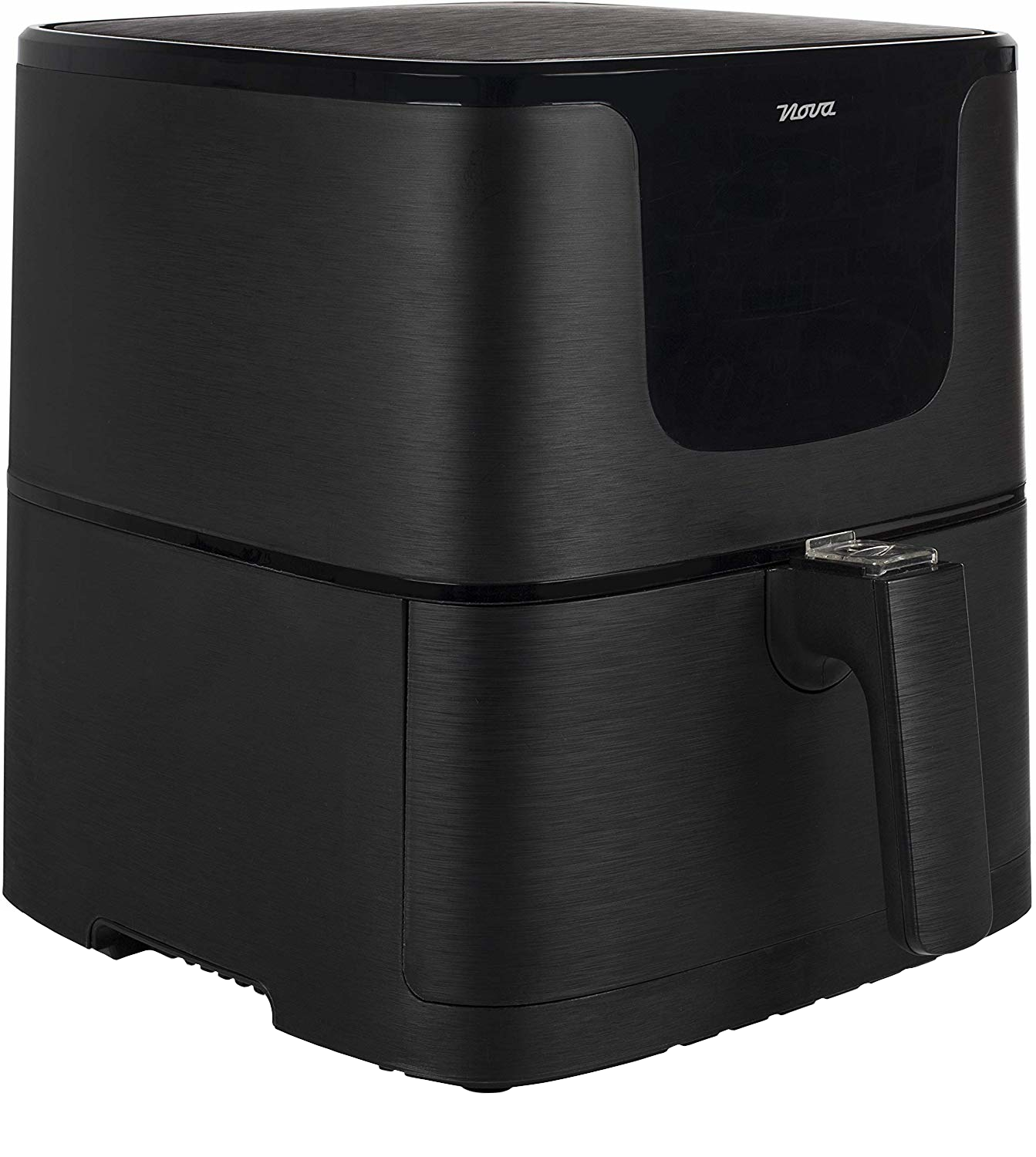 A black air fryer on a white background. It is rectangular and has a handle on the front.
