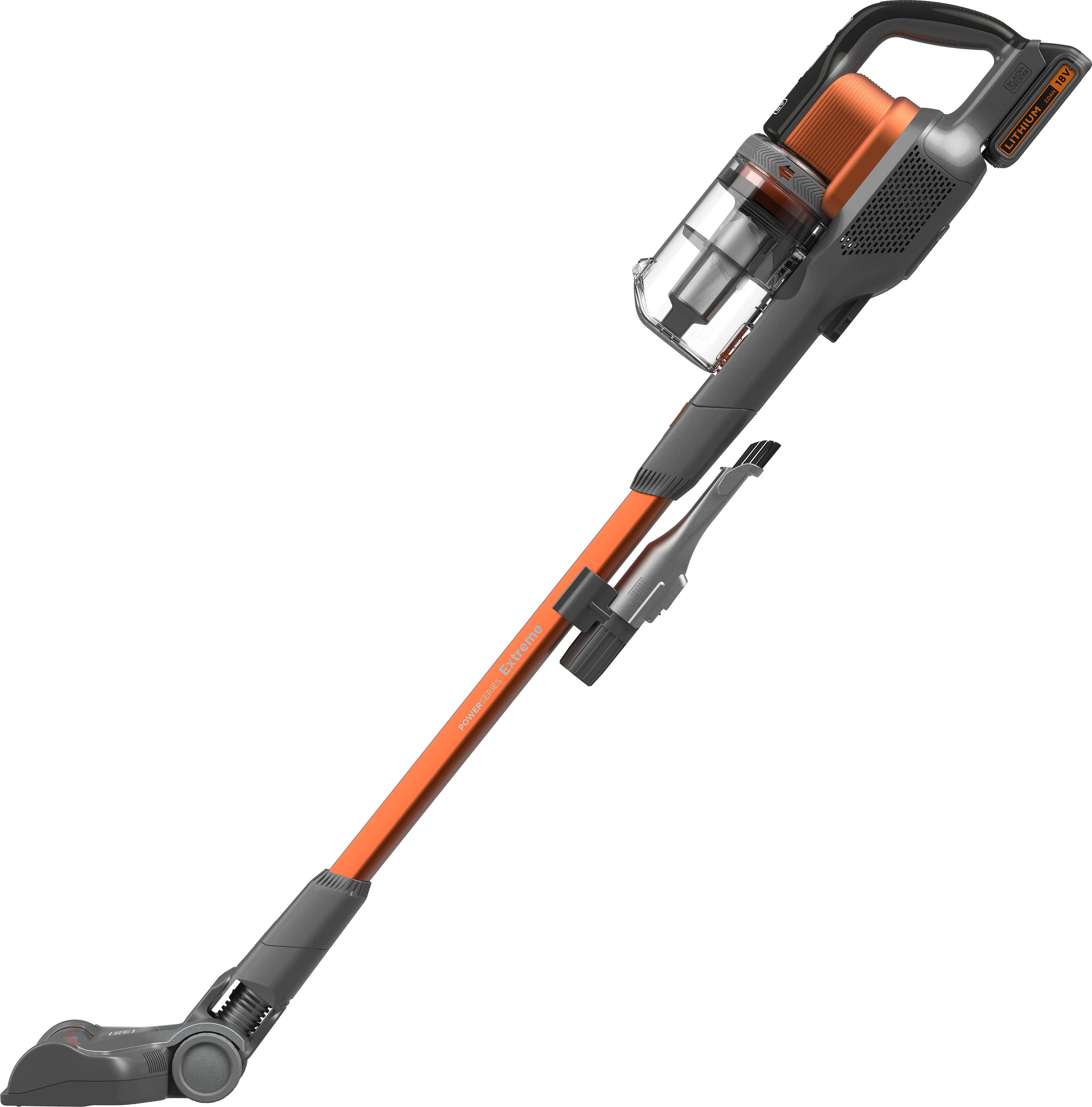 Orange and gray cordless vacuum. Has a handle and a dust collector. White background.