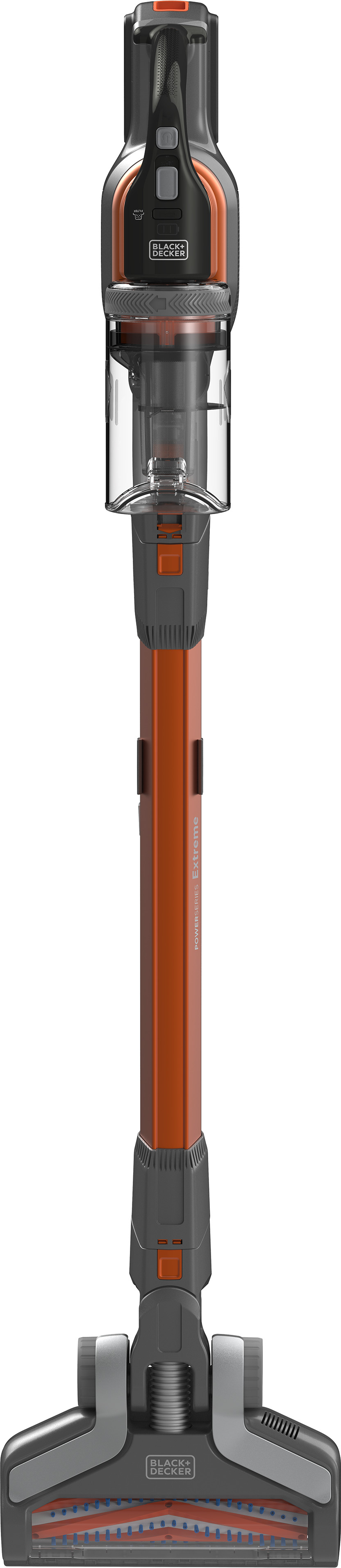 A Black+Decker cordless vacuum cleaner in orange and black colors.