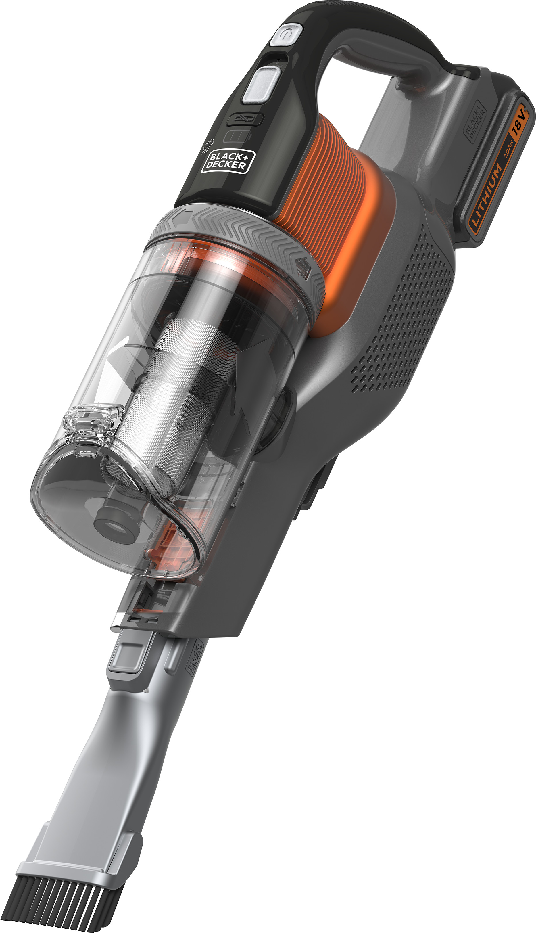 A black and orange cordless vacuum cleaner with a transparent dustbin and a brush attachment.