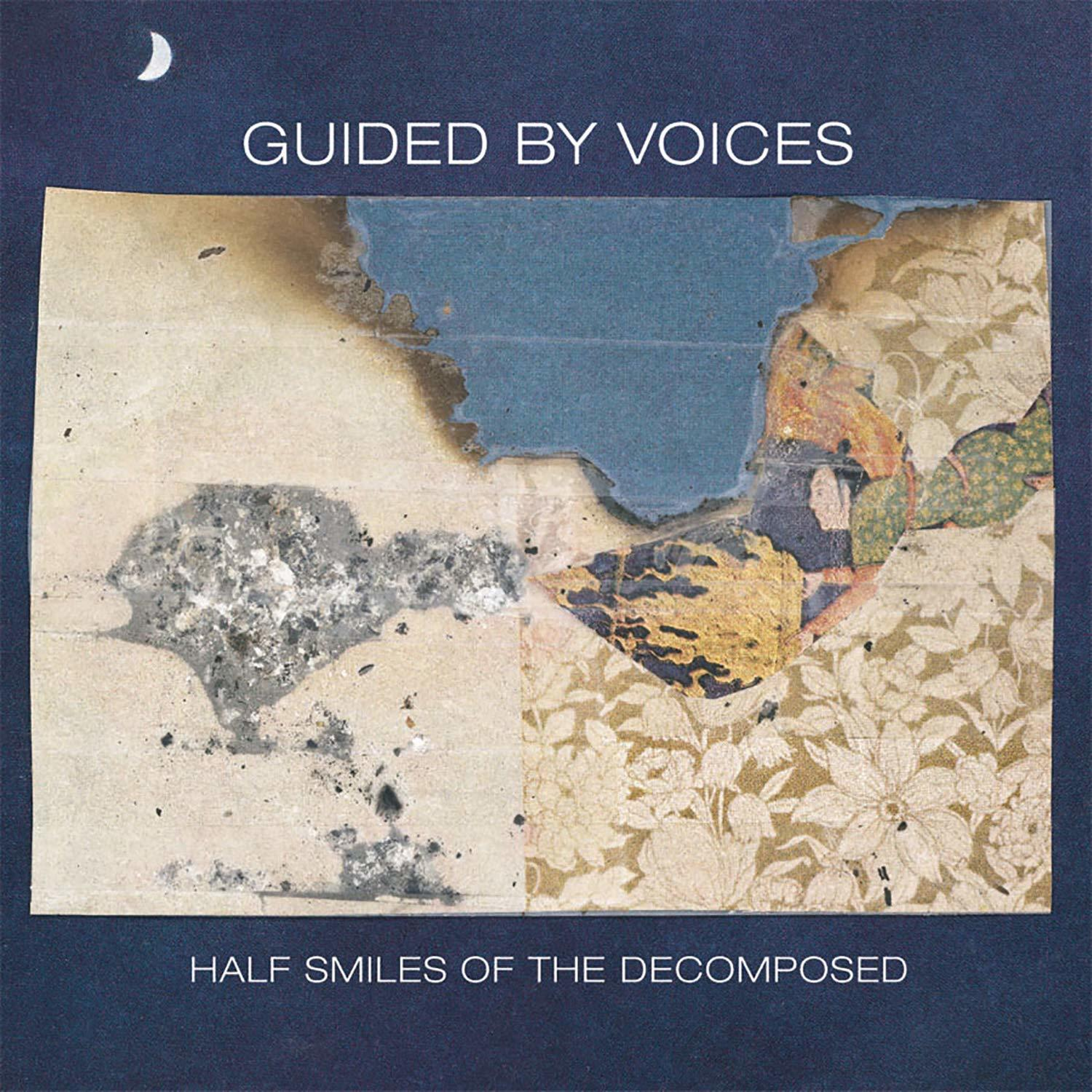 Albumcover mit abstrakter Kunst, blauem Quadrat, Mond und Text 'GUIDED BY VOICES'.