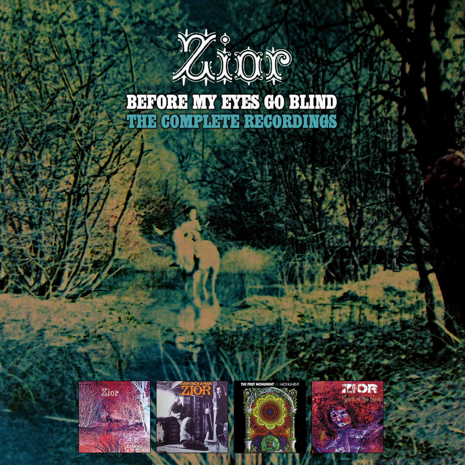 Zior-Albumcover: Vier Albumcover unten, ein Mann auf einem Pferd in einer Waldszene.