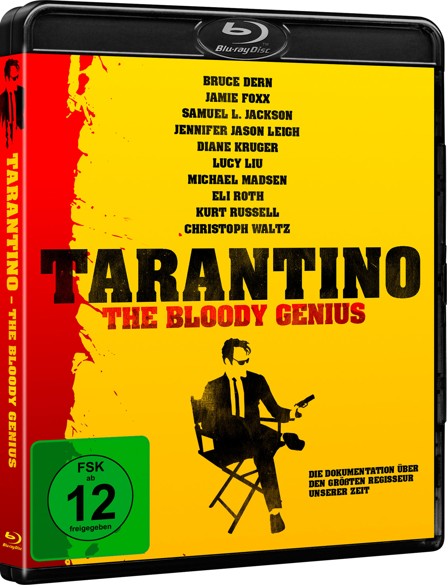 DVD-Hülle mit dem Titel "TARANTINO THE BLOODY GENIUS" und Schauspielernamen. Sie zeigt einen Mann im Anzug.