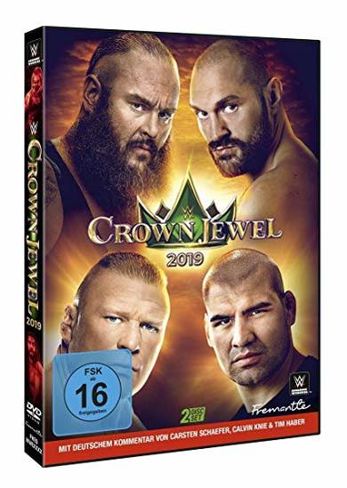 DVD-Cover mit vier Wrestling-Figuren und einer goldenen Krone. Text: Crown Jewel 2019.