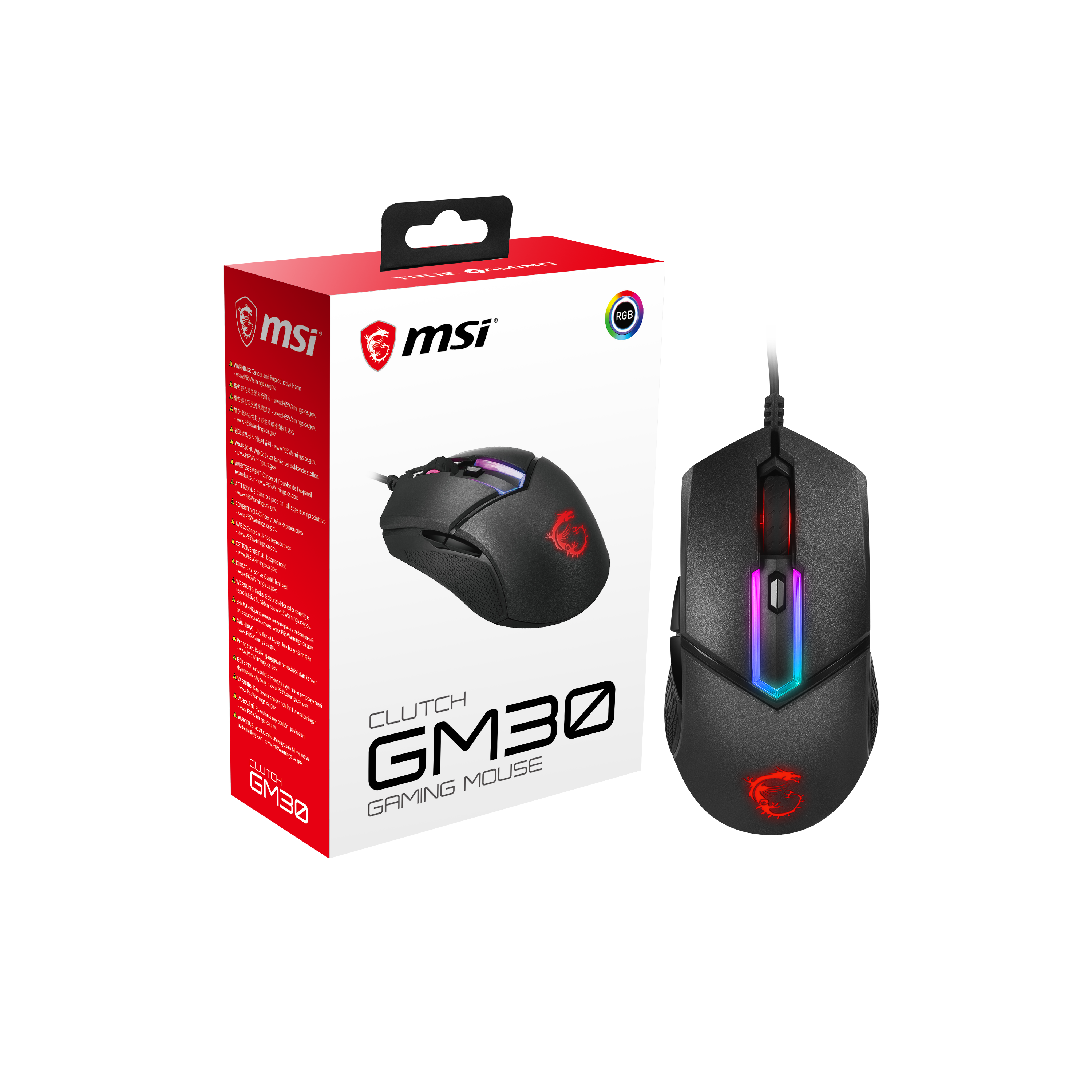 MSI Clutch GM30 Gaming Maus (kabelgebunden, PAW-3327 Sensor, 400 - 6200 DPI, 6 Tasten, schwarz, RGB Streifen, Red Logo)