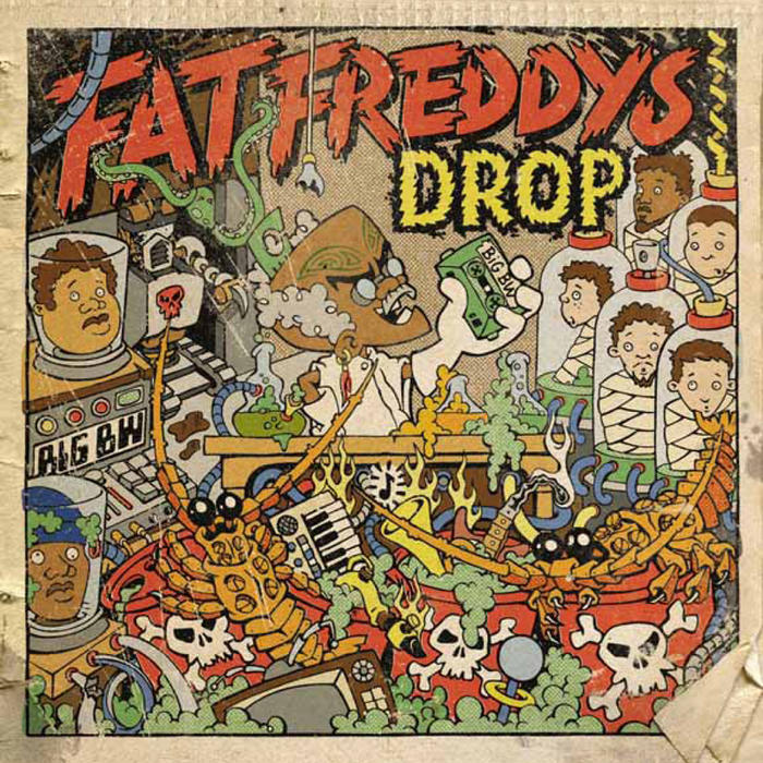 Albumcover mit Cartoon-Art. Ein verrückter Wissenschaftler und Kreaturen. Text: 'FAT FREDDYS DROP' und 'BIG BW'.