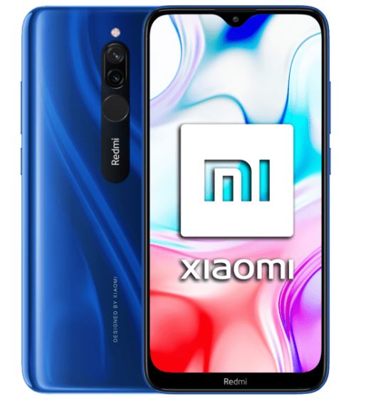 Teléfono Xiaomi Redmi azul, parte trasera y delantera. Logotipo de Xiaomi en la pantalla.