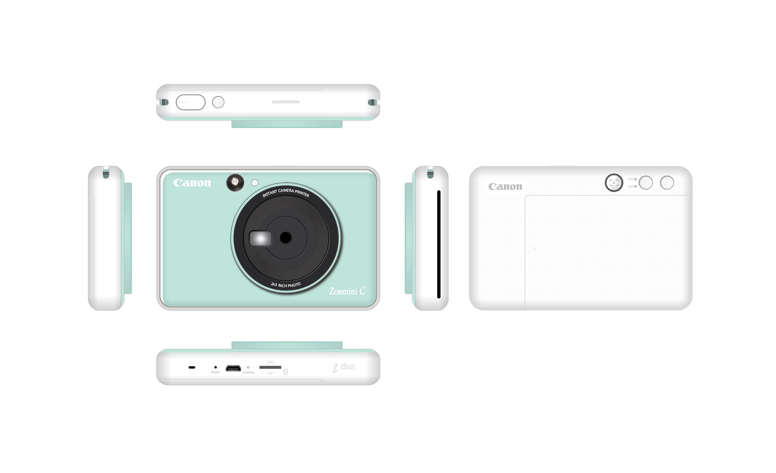 A Canon Zoemini C camera, mint green and white, with multiple views of the camera.