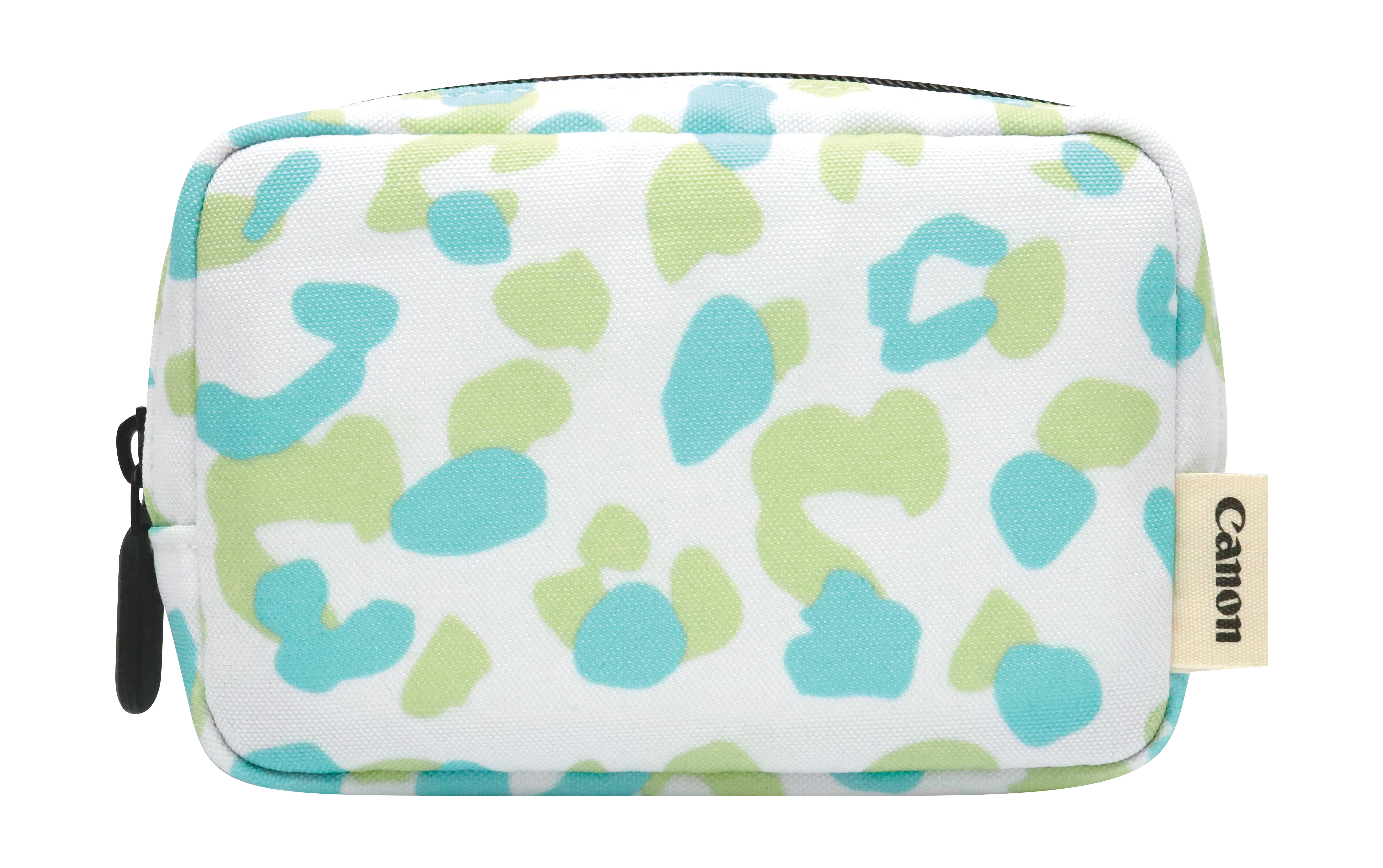 A small Canon case with a white background, featuring blue and green abstract shapes. A Canon tag is on the right.