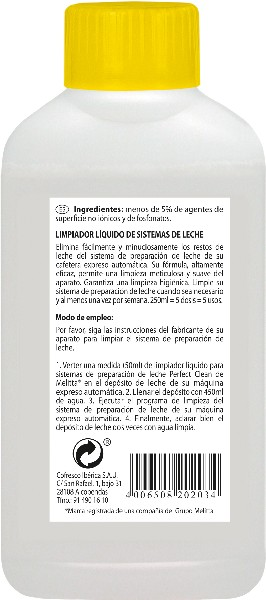 Una botella blanca con tapa amarilla. Tiene una etiqueta con texto y un código de barras en la parte trasera.