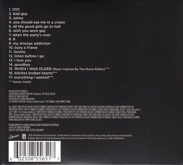 Pochette d'album avec liste des titres. Les titres incluent 'bad guy', 'when the party's over' et 'everything i wanted'.